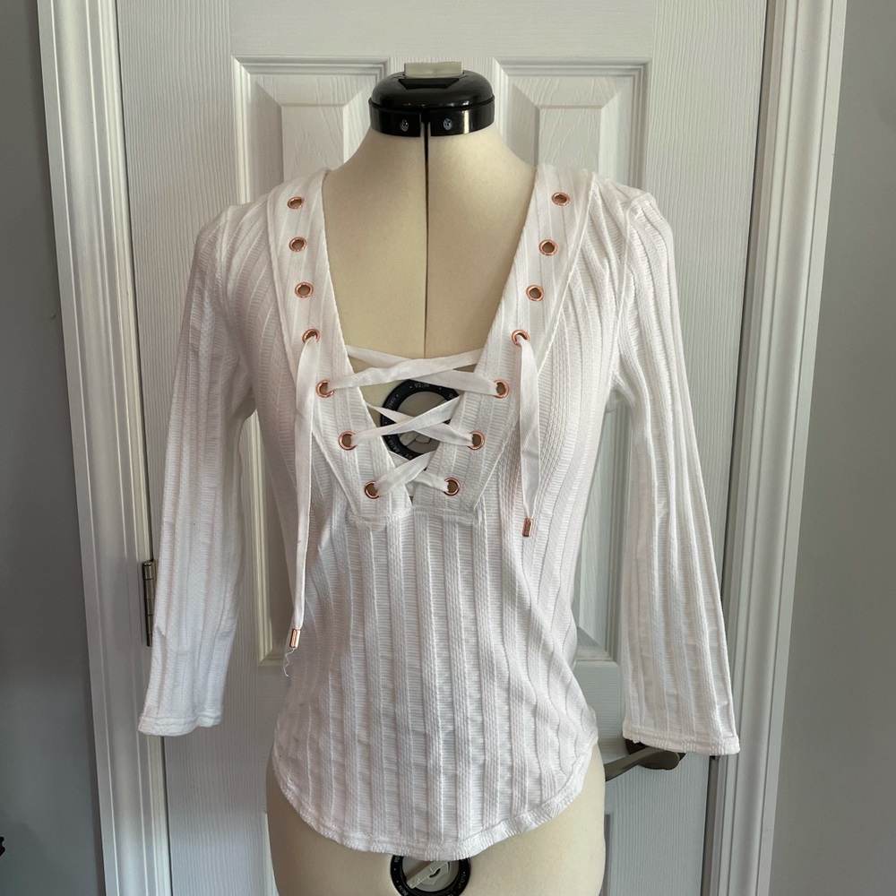 White/rose gold Free People lace up front shirt